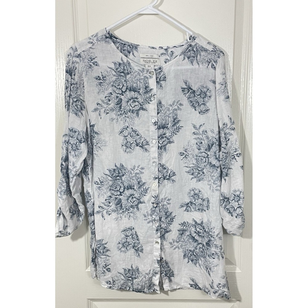 Rachel Zoe Linen Floral Shirt 1X Blue White Coastal RollTab Cottage Old Money